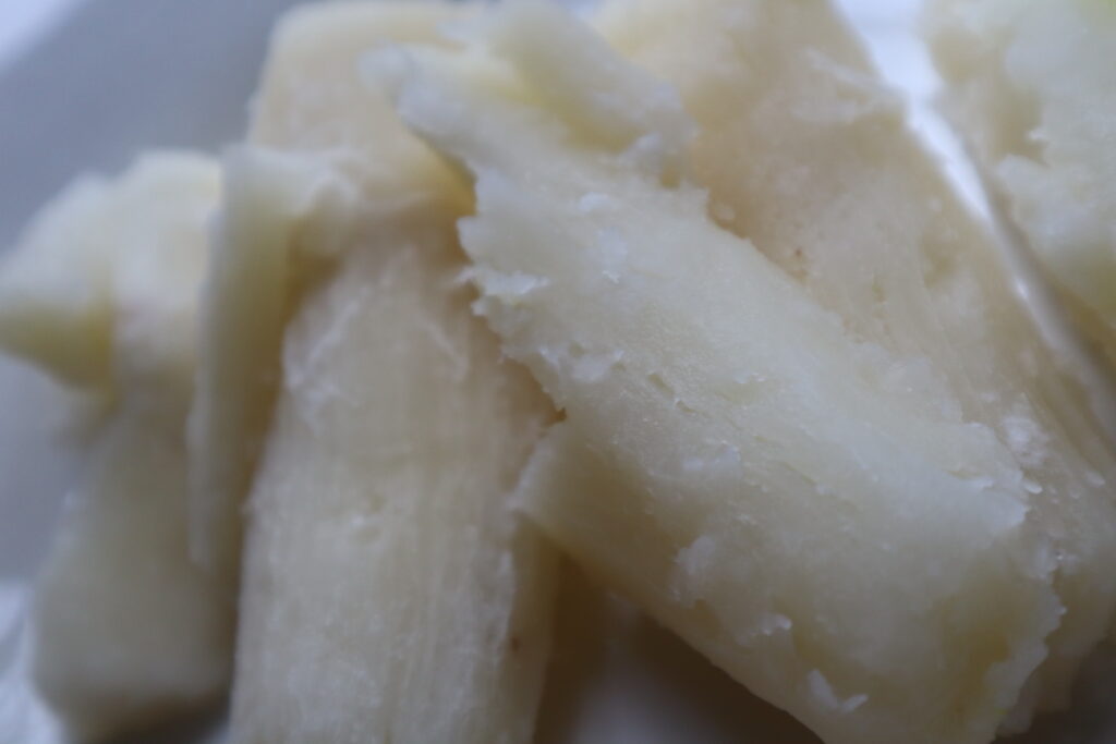 Cassava (yuca) in a white plate cooked