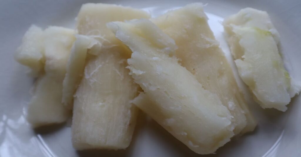 Cassava (yuca) in a white plate cooked