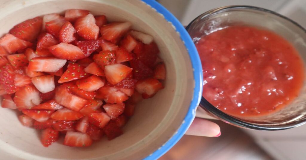 Strawberries diced for strawberry reduction (pound cake recipe)