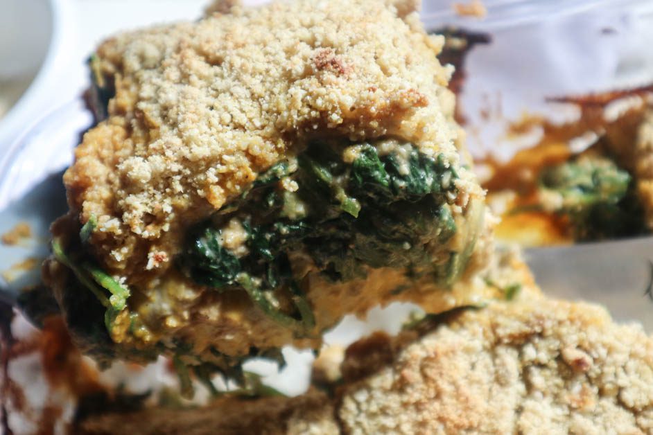 Vegan Spinach Pumpkin Lasagna with all layers displayed. Background is full tray of lasagna and also a close up image of the individual piece of lasagna.